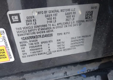 2015 GMC Acadia Slt-1 из США, поврежденный, VIN 1GKKRRKD7FJ349036